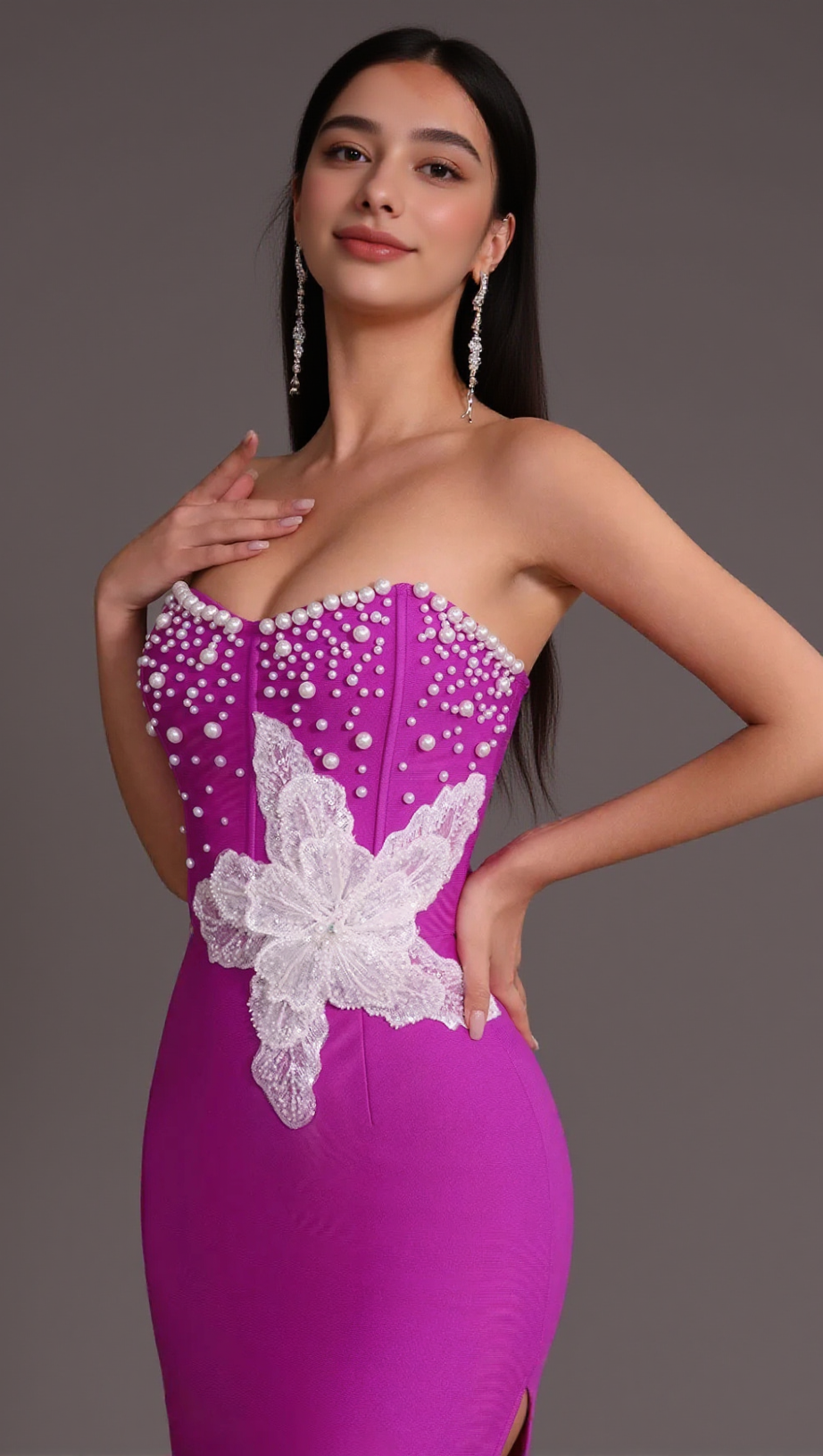 PURPLE BEADED STRAPLESS SIDE SLIT BANDAGE DRESS