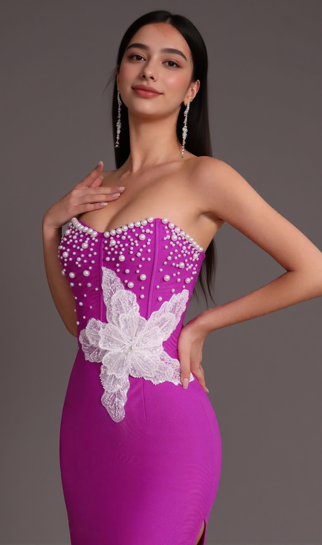PURPLE BEADED STRAPLESS SIDE SLIT BANDAGE DRESS