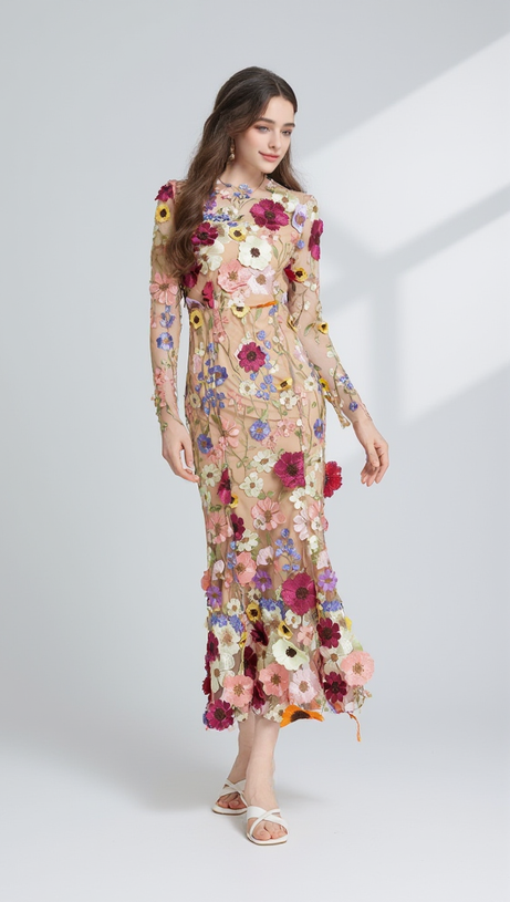 CAROL BROWN FLORAL EMBROIDERY MESH LONG SLEEVE MIDI DRESS
