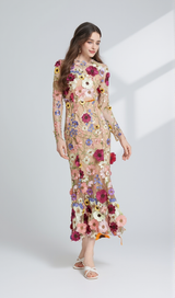CAROL brown FLORAL EMBROIDERY MESH LONG SLEEVE MIDI DRESS