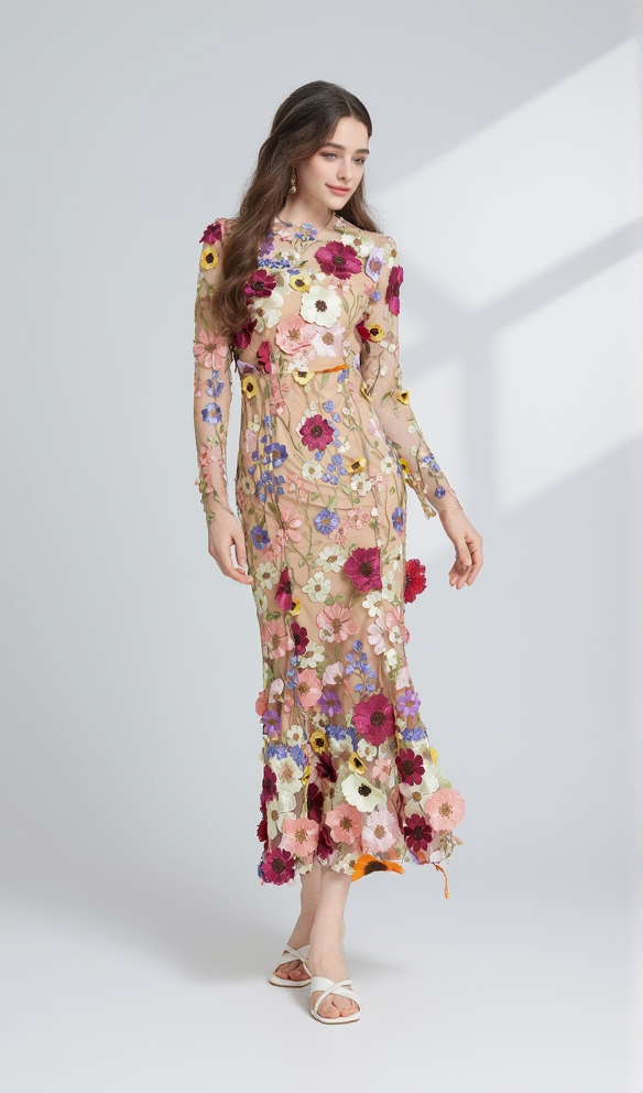 CAROL brown FLORAL EMBROIDERY MESH LONG SLEEVE MIDI DRESS