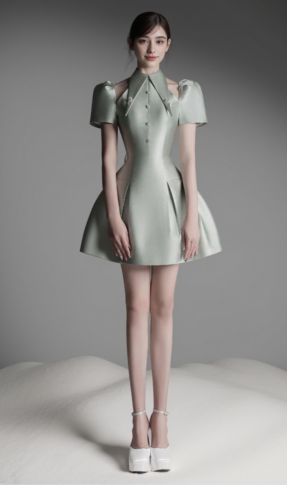 puff sleeve cut out a-line mini dress in green