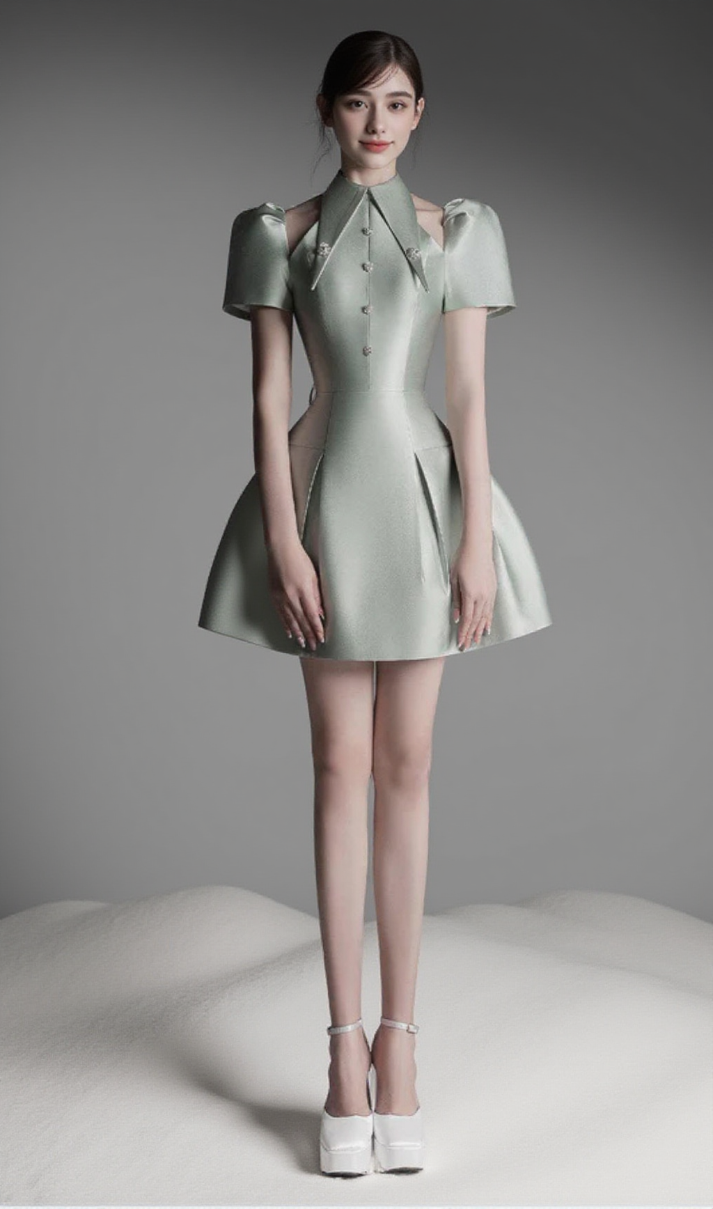 Grünes A-Linien-Minikleid mit Puffärmeln und Cut-Out