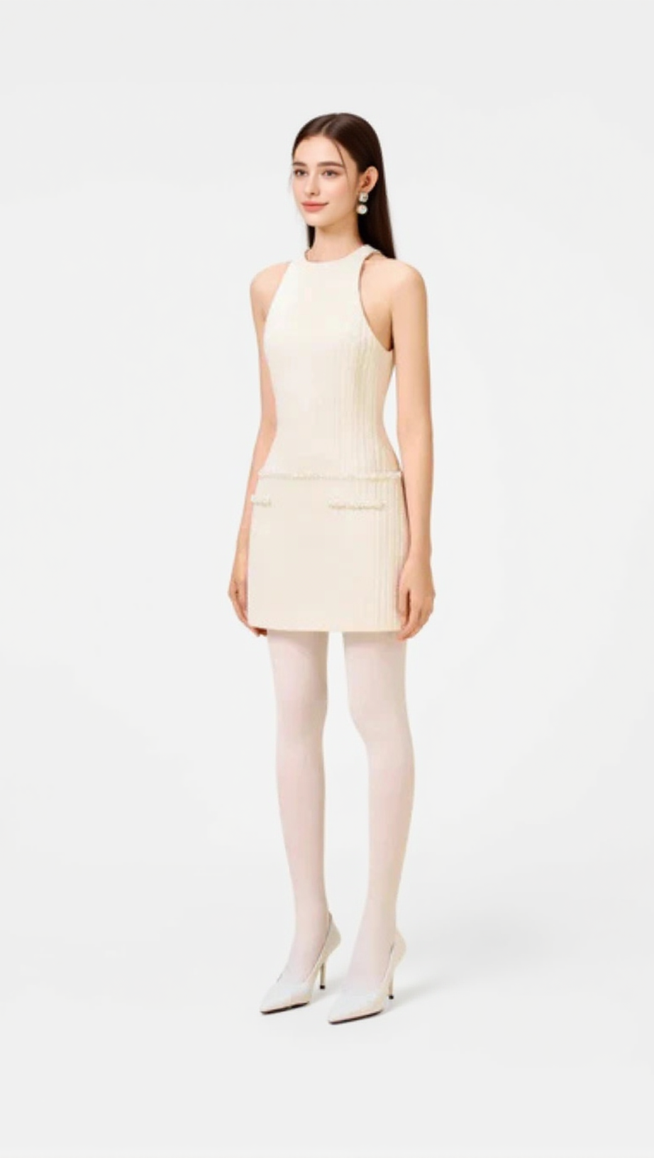 ABENE MINI ABITO IN MAGLIA SENZA MANICHE CON PERLINE