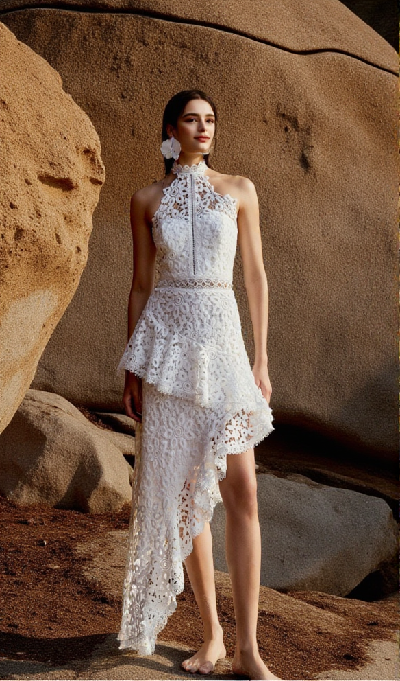 Lace sleeveless top irregular skirt set in white