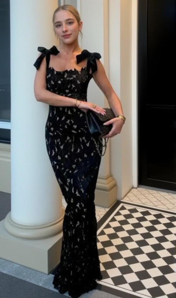 AIIZIE HERMOSA BOW STRAP EMBROIDERED LACE MAXI DRESS IN BLACK - product image