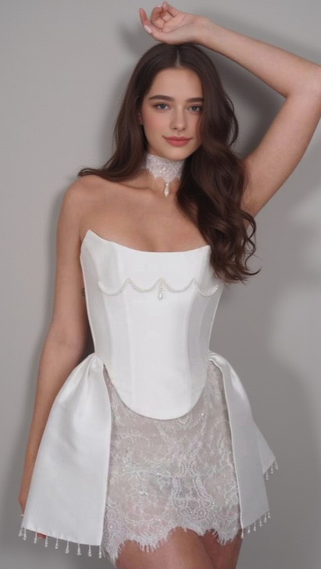 Korsettkleid mit Perlenspitze, weißes Minikleid 