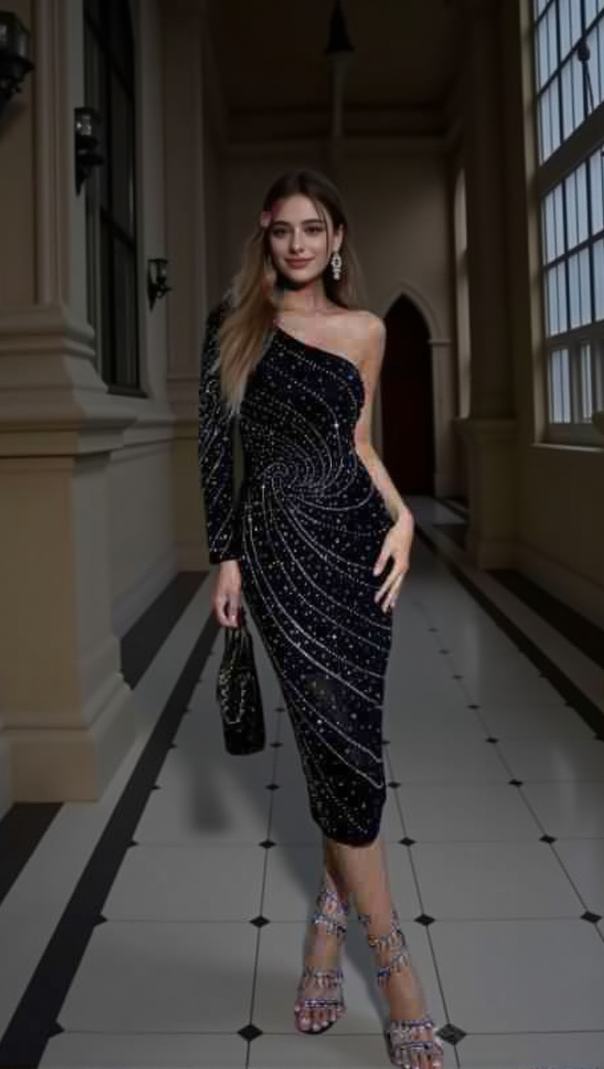 AIIZIE ONE-SHOULDER RHINESTONE FITTED DRESS - product image
