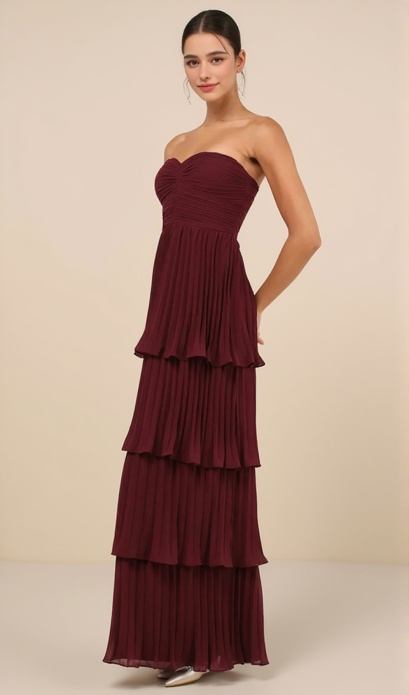 STRAPLESS TIERED MAXI DRESS IN PLUM PURPLE