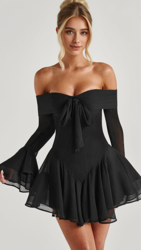 Off-Shoulder-Minikleid mit langen Ärmeln und Bindeband in Schwarz 