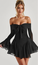 Off-shoulder tie long-sleeved mini dress black