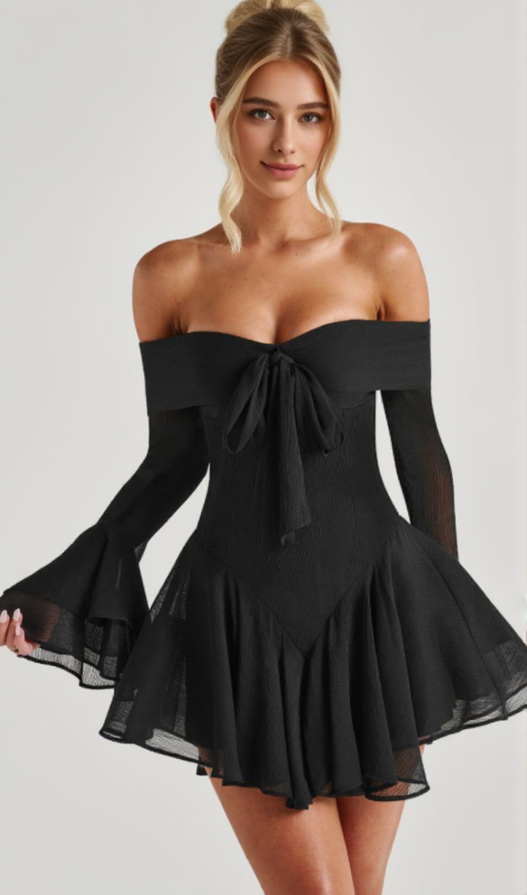 Off-shoulder tie long-sleeved mini dress black