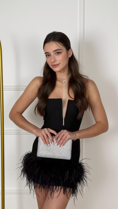 DEEP V TUBE TOP OSTRICH FEATHER HIP-WRAPPED MINI DRESS BLACK