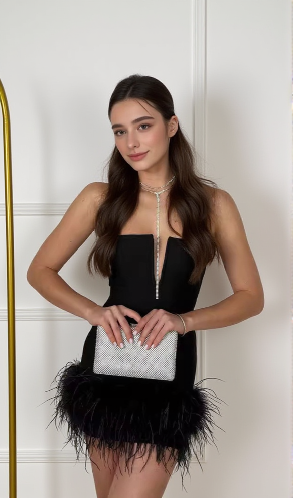 DEEP V TUBE TOP OSTRICH FEATHER HIP-WRAPPED MINI DRESS BLACK