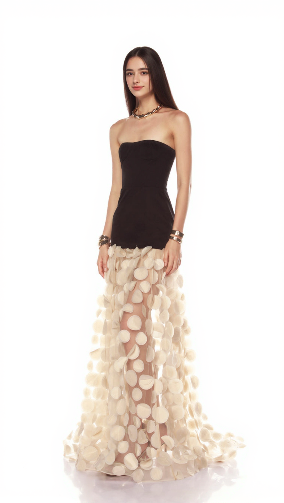 Trägerloses Maxikleid in A-Linie Schwarz Elfenbein