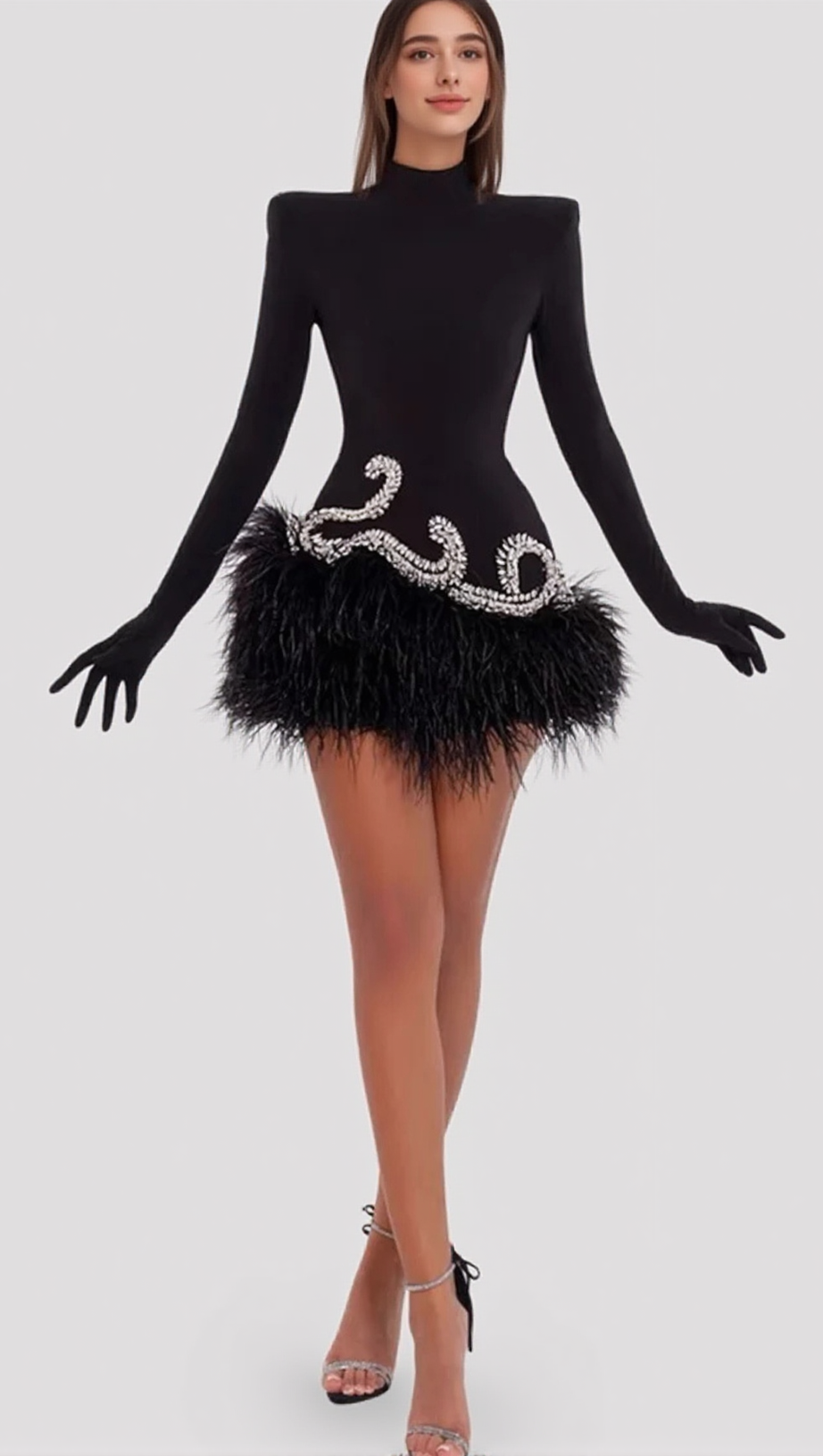 MINI ABITO IN VELLUTO CON PIUME DECORATO IN NERO
