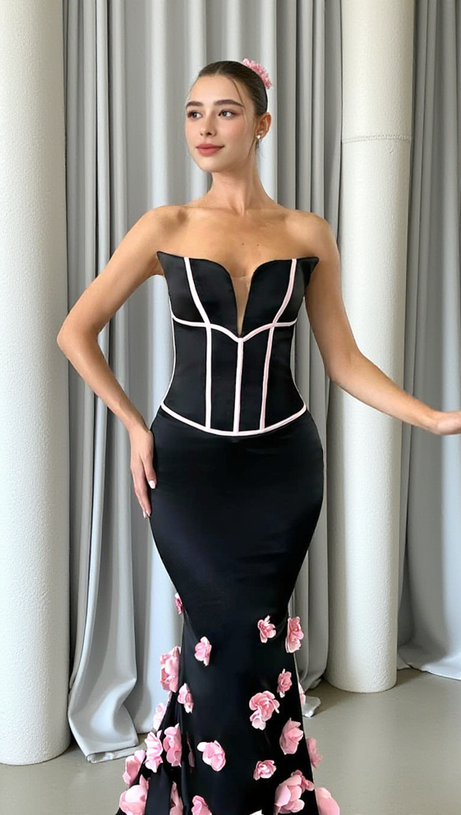 Trägerloses Maxikleid mit Blumenverzierung in Schwarz