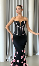 Floral embellished Strapless Maxi Dress in Black