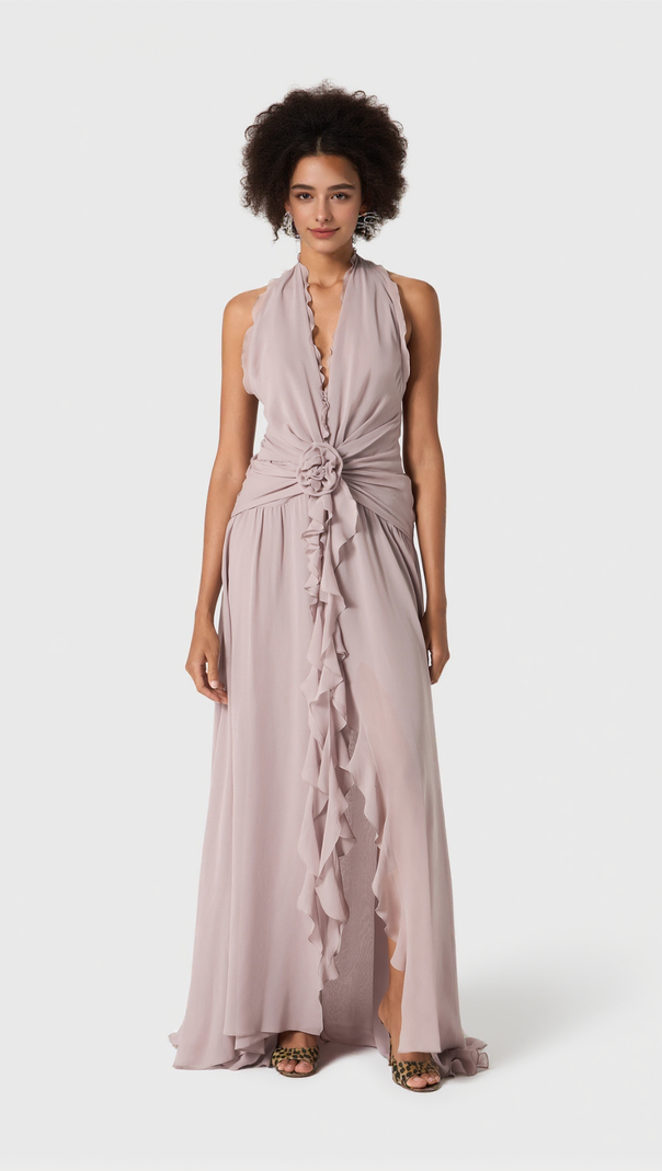 AIIZIE AONAVER FLORAL RUFFLE HALTER MAXI DRESS IN PURPLE - product image