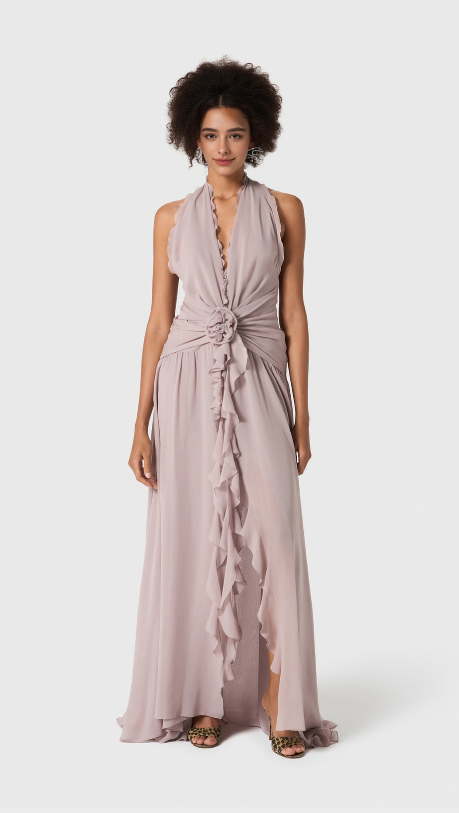 AONAVER FLORAL RUFFLE HALTER MAXI DRESS IN PURPLE