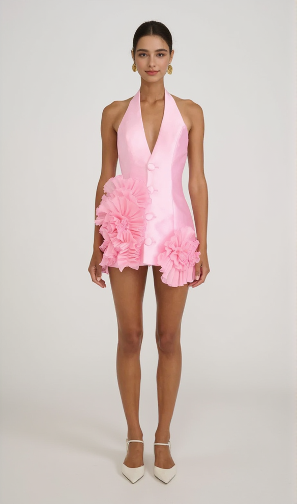 MAGEZI SATIN FLORAL HALTER MINI DRESS