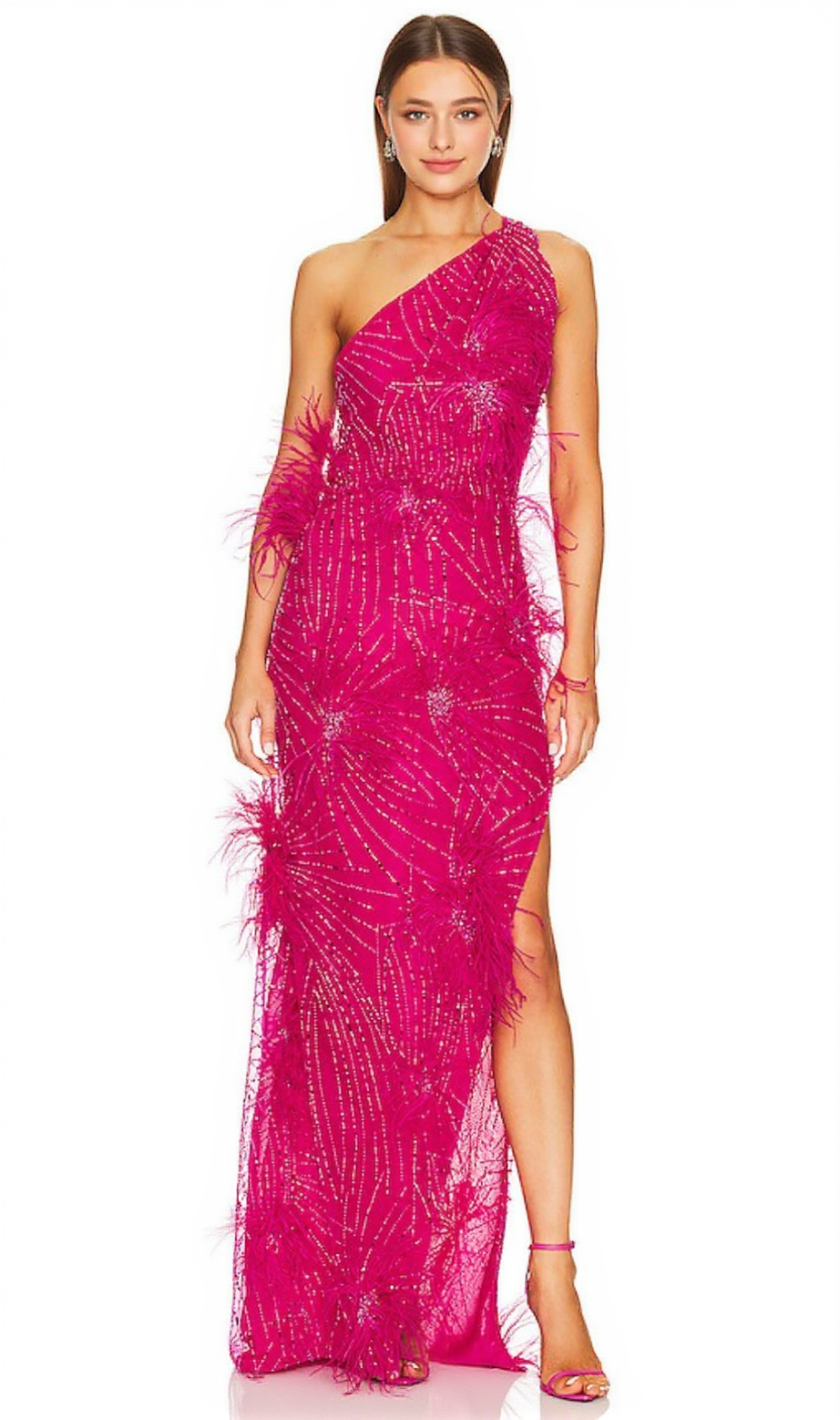 ONE-SHOULDER FEATHER EMBELLISHMENTS MAXI DRESS