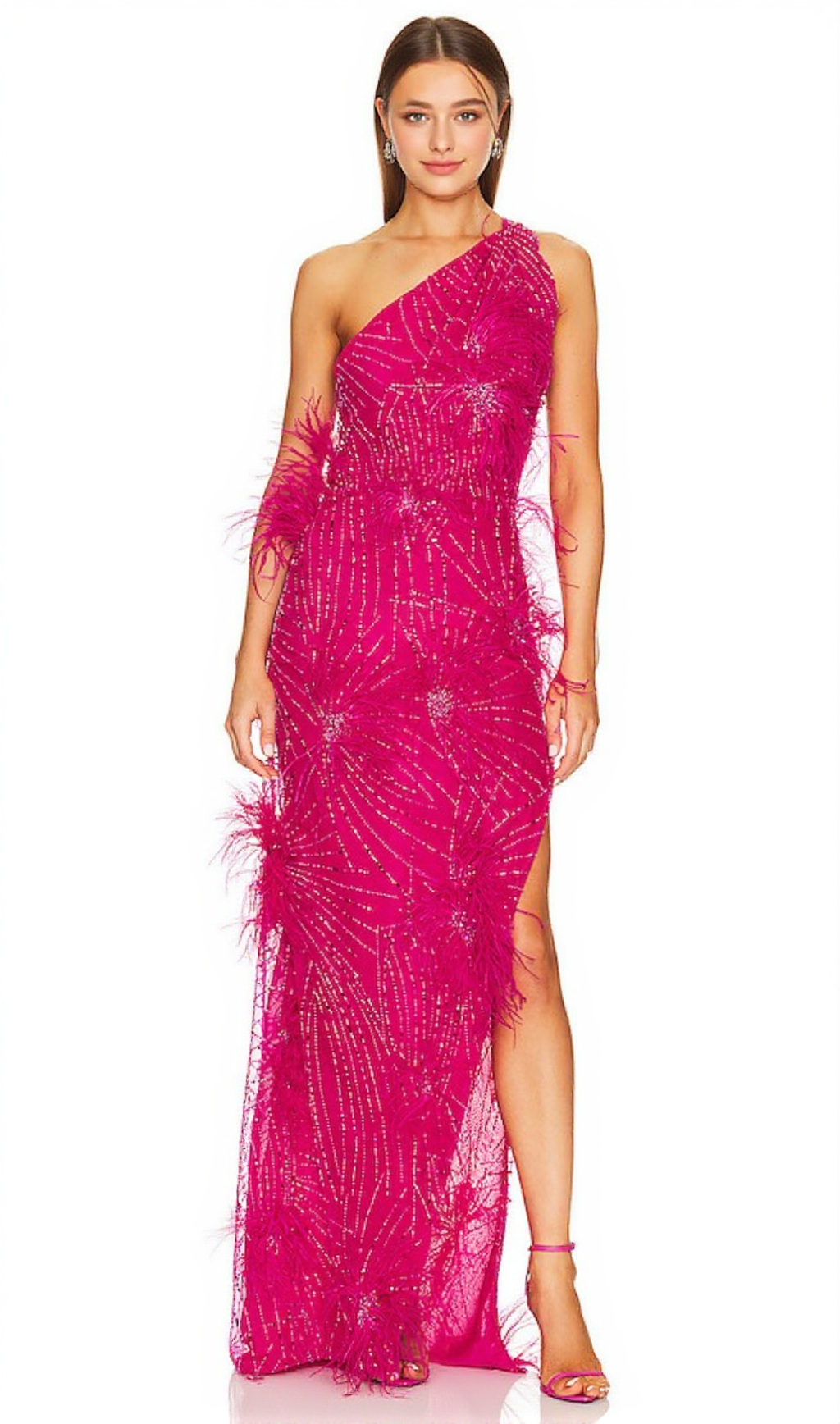 ONE-SHOULDER FEATHER EMBELLISHMENTS MAXI DRESS