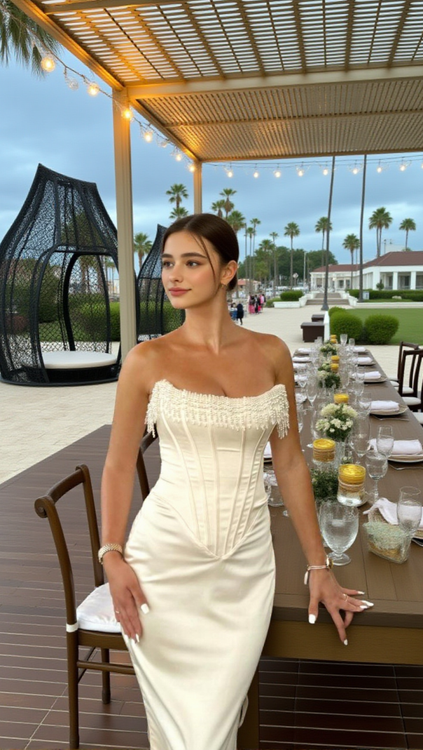 AIIZIE STRAPLESS PEARL CORSET MIDI DRESS IVORY - product image
