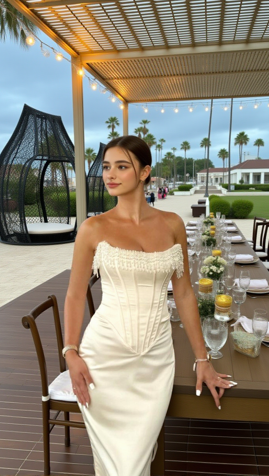 ABITO MIDI CON CORSETTO DI PERLE SENZA SPALLINE AVORIO