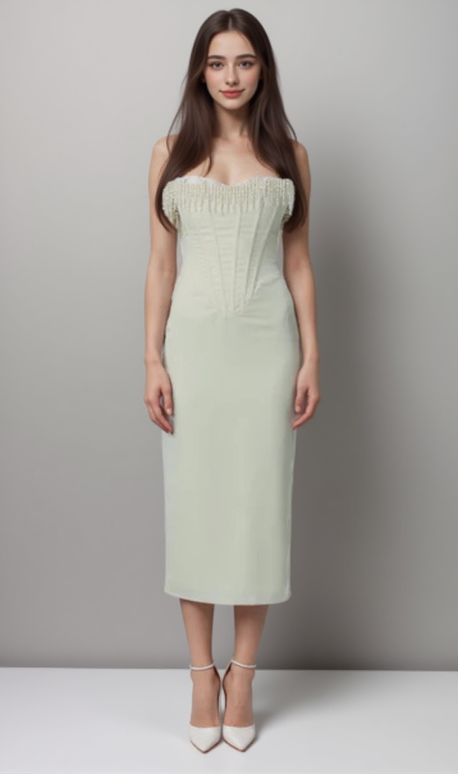 Elfenbeinfarbenes schulterfreies Midikleid mit Perlenfransen