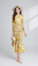 CAROL YELLOW FLORAL EMBROIDERY MESH LONG SLEEVE MIDI DRESS