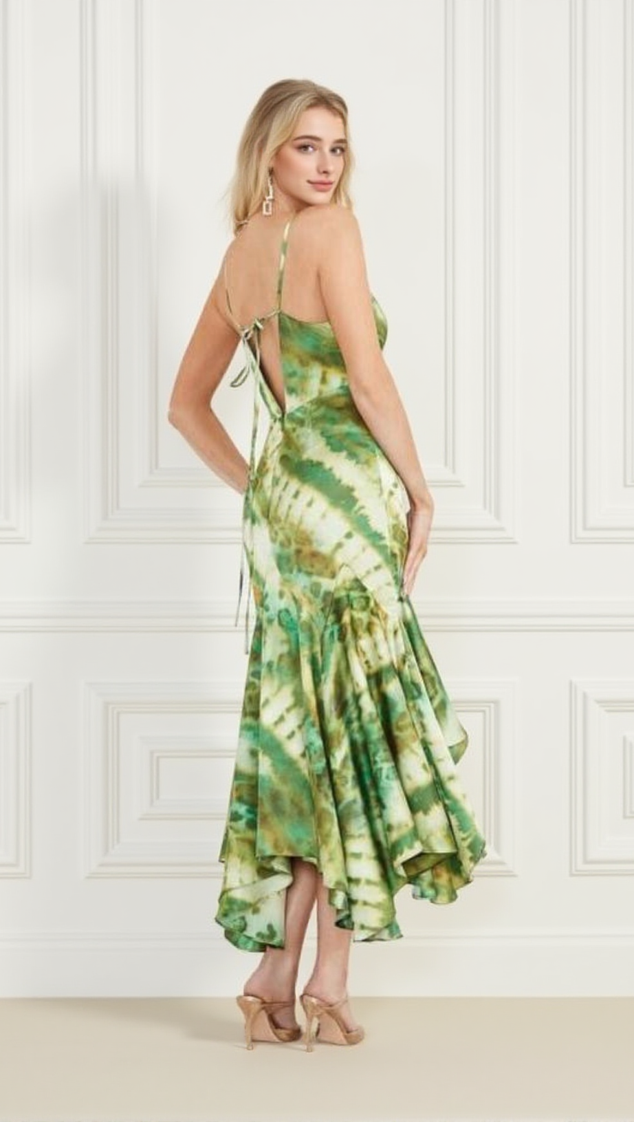 MARCIANO WATERFALL PRINTED SATIN MIDI DRESS IN GREEN