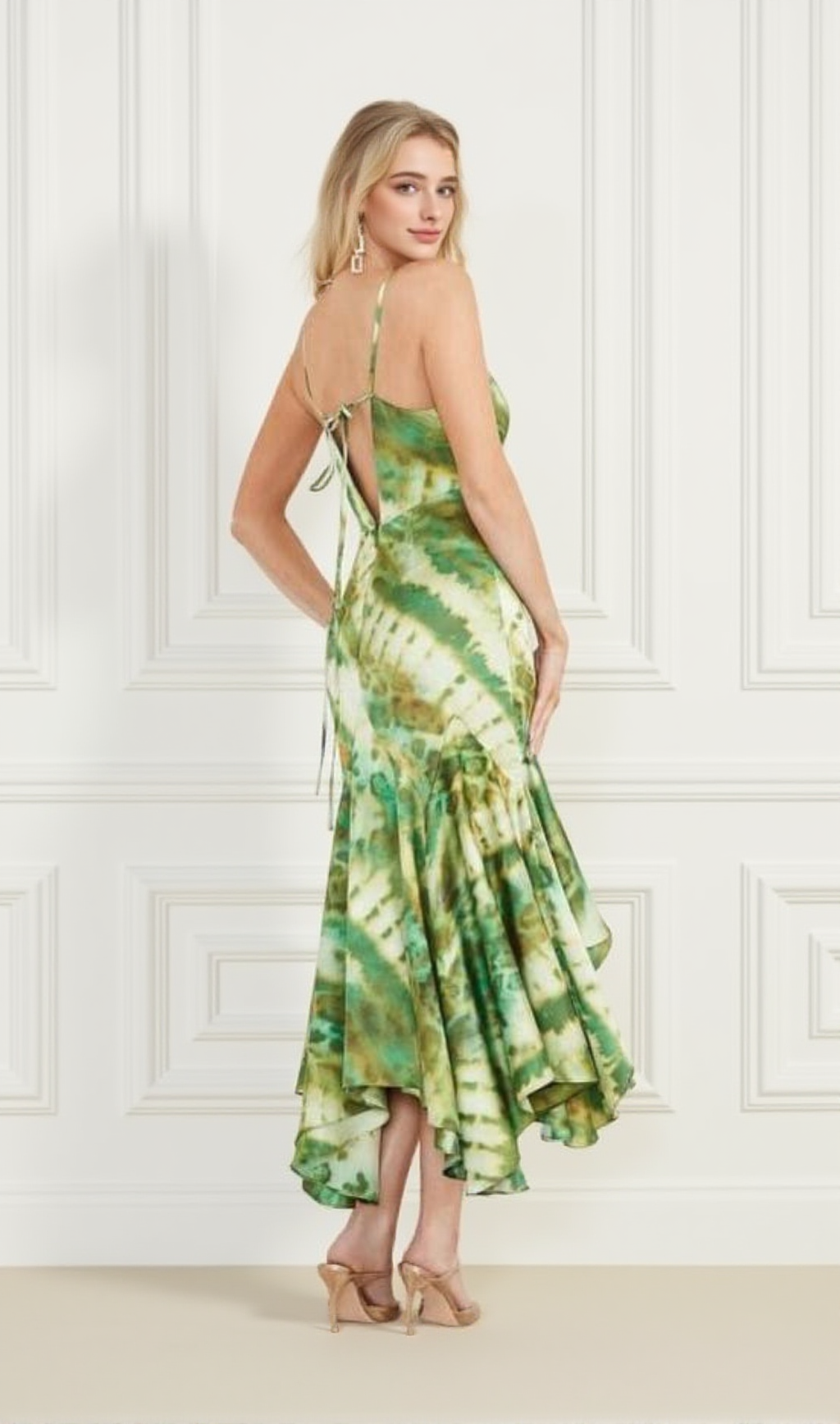 MARCIANO WATERFALL PRINTED SATIN MIDI DRESS IN GREEN