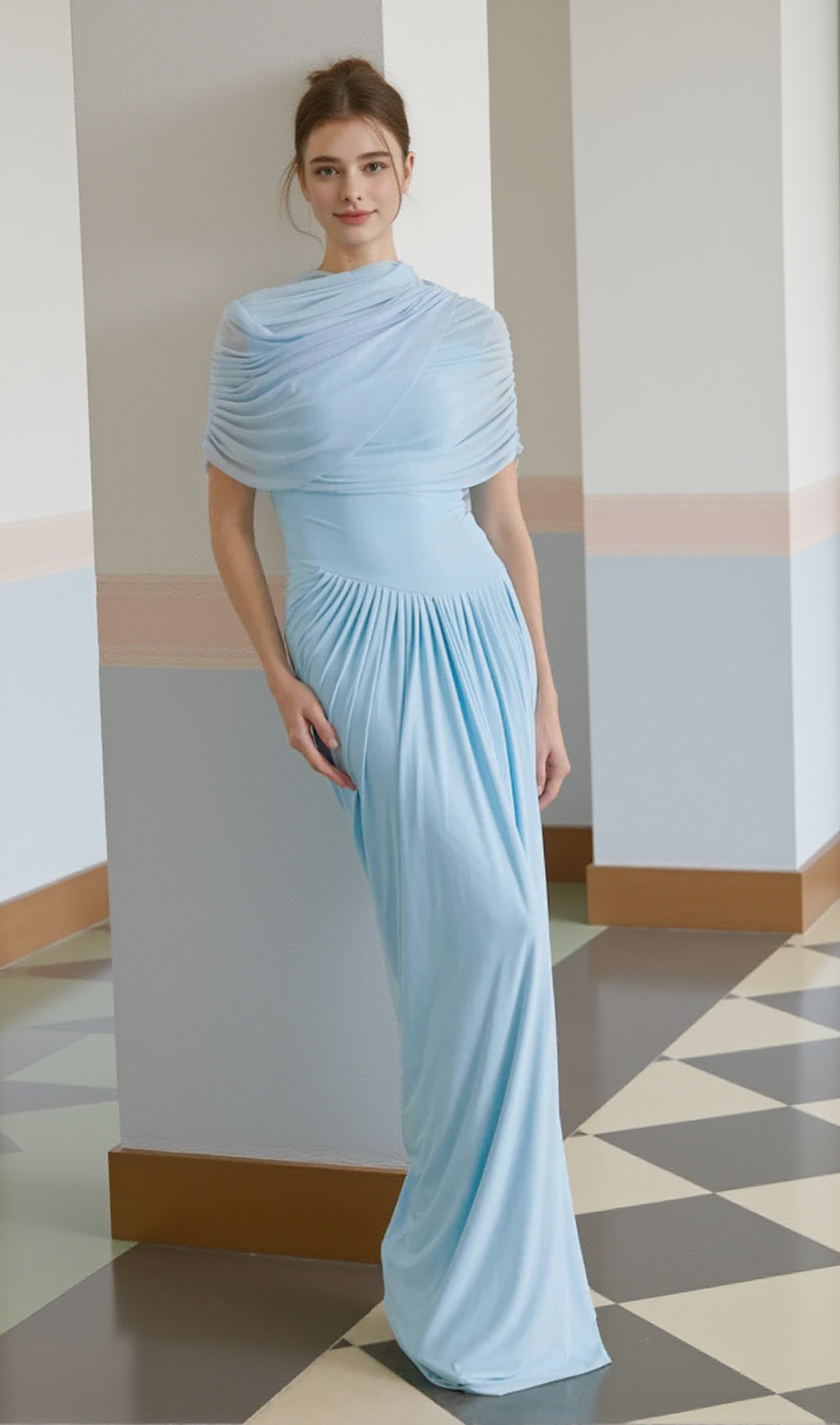AAKIFA ASYMMETRIC DRAPED MAXI DRESS IN BABY BLUE