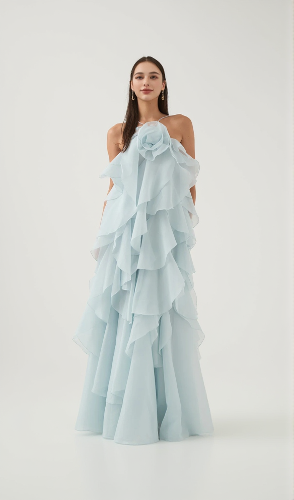 AIIZIE CAYSIE HALTER FLORAL RUFFLE LAYERED MAXI DRESS IN BLUE - product image