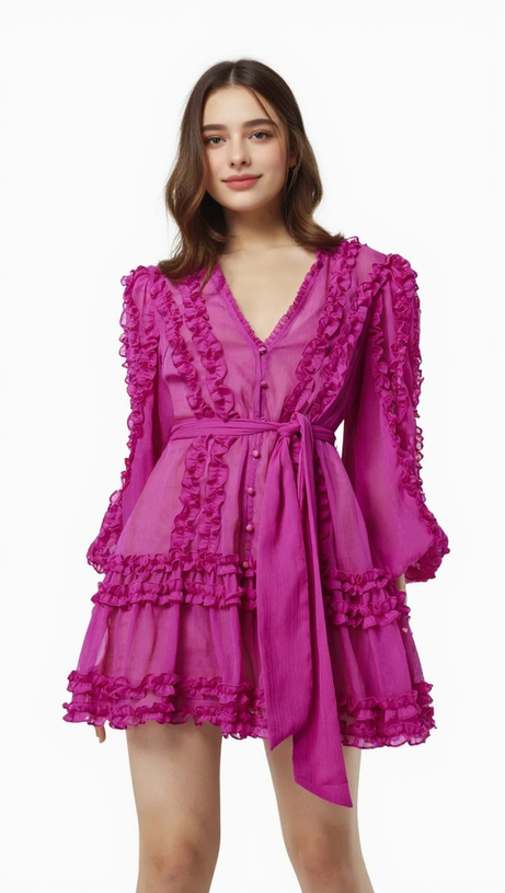 LARA CHIFFON FLOWER HEM MINI DRESS IN ROSE RED