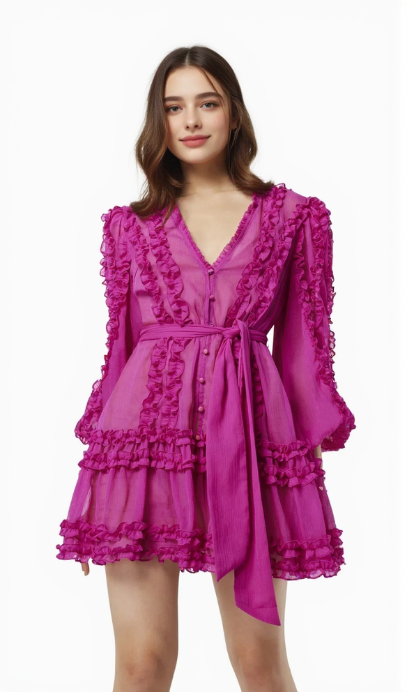Lara Chiffon-Minikleid mit Blumensaum in Rosarot