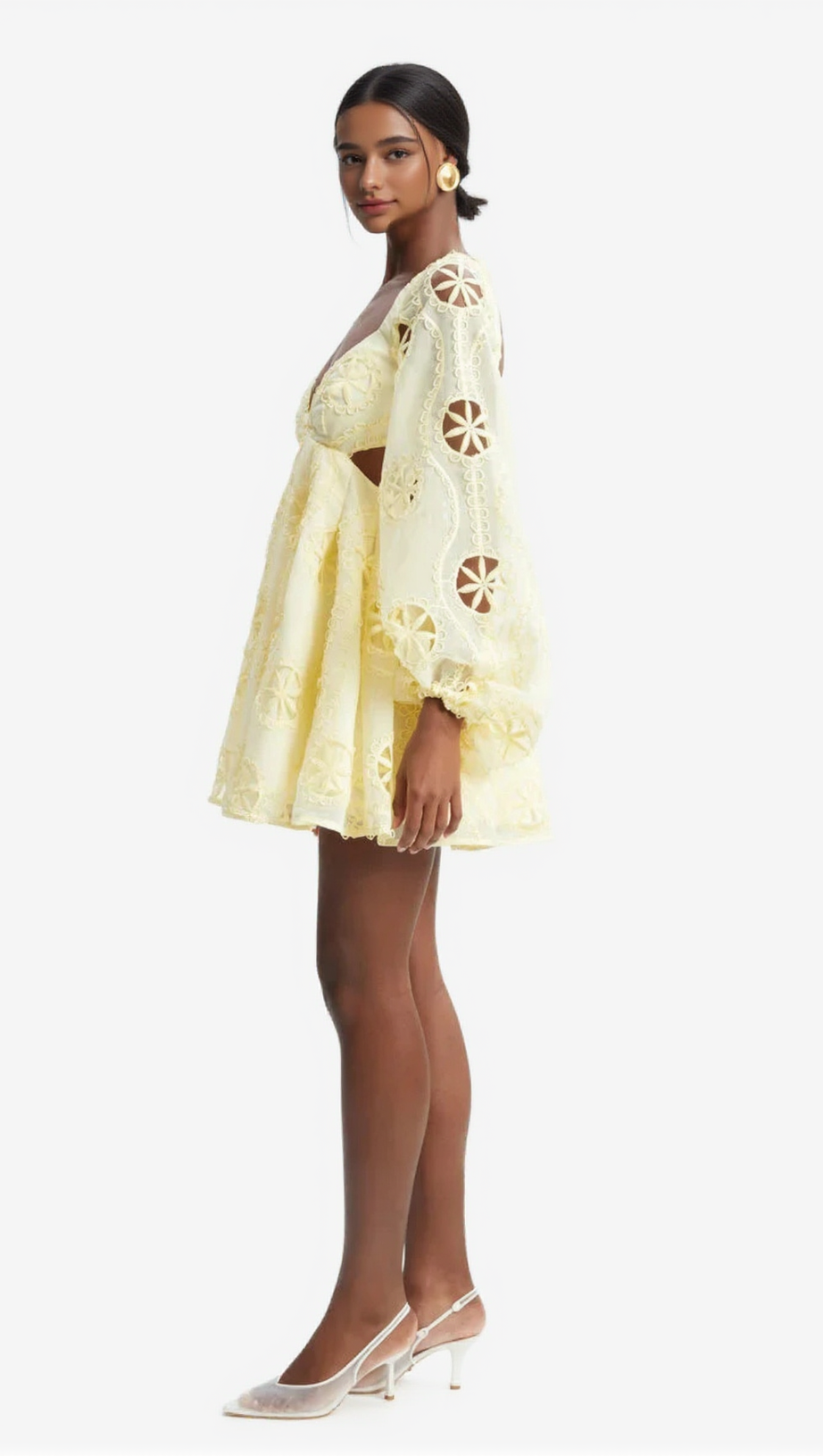 ABITO MINI TIFFANY CON SCOLLO A V E MANICHE A SBUFFO, COLOR GIALLO