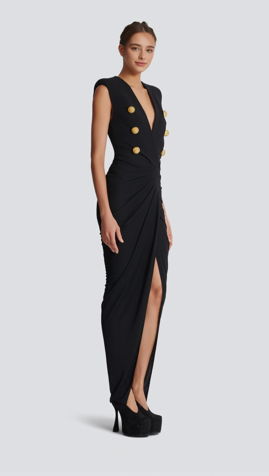 DEEP-V SLEEVELESS RUCHED SLIT MAXI DRESS IN BLACK