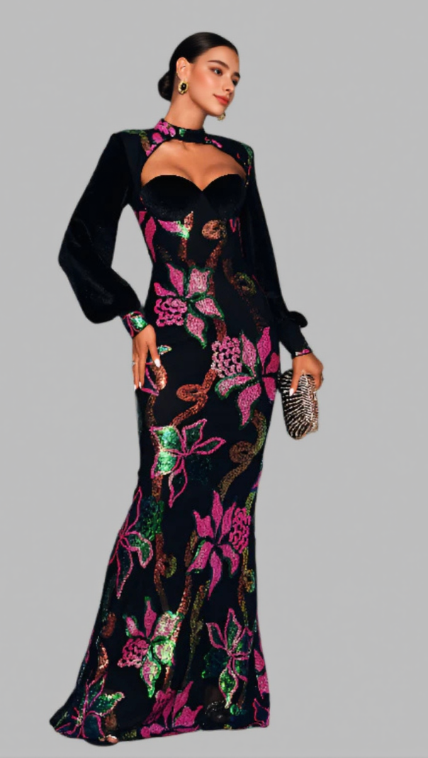 AIIZIE ATALANTA MULTICOLOR SEQUIN VELVET LANTERN SLEEVE MAXI DRESS - product image