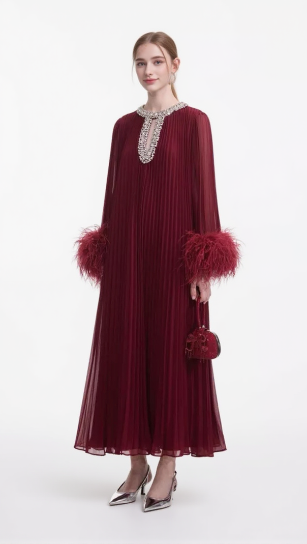 AIIZIE MANJA DIAMANTE CHIFFON FEATHER MAXI DRESS - RED - product image