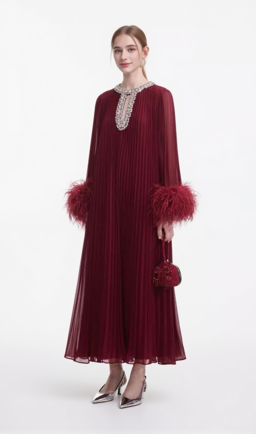 MANJA DIAMANTE CHIFFON FEATHER MAXI DRESS - RED