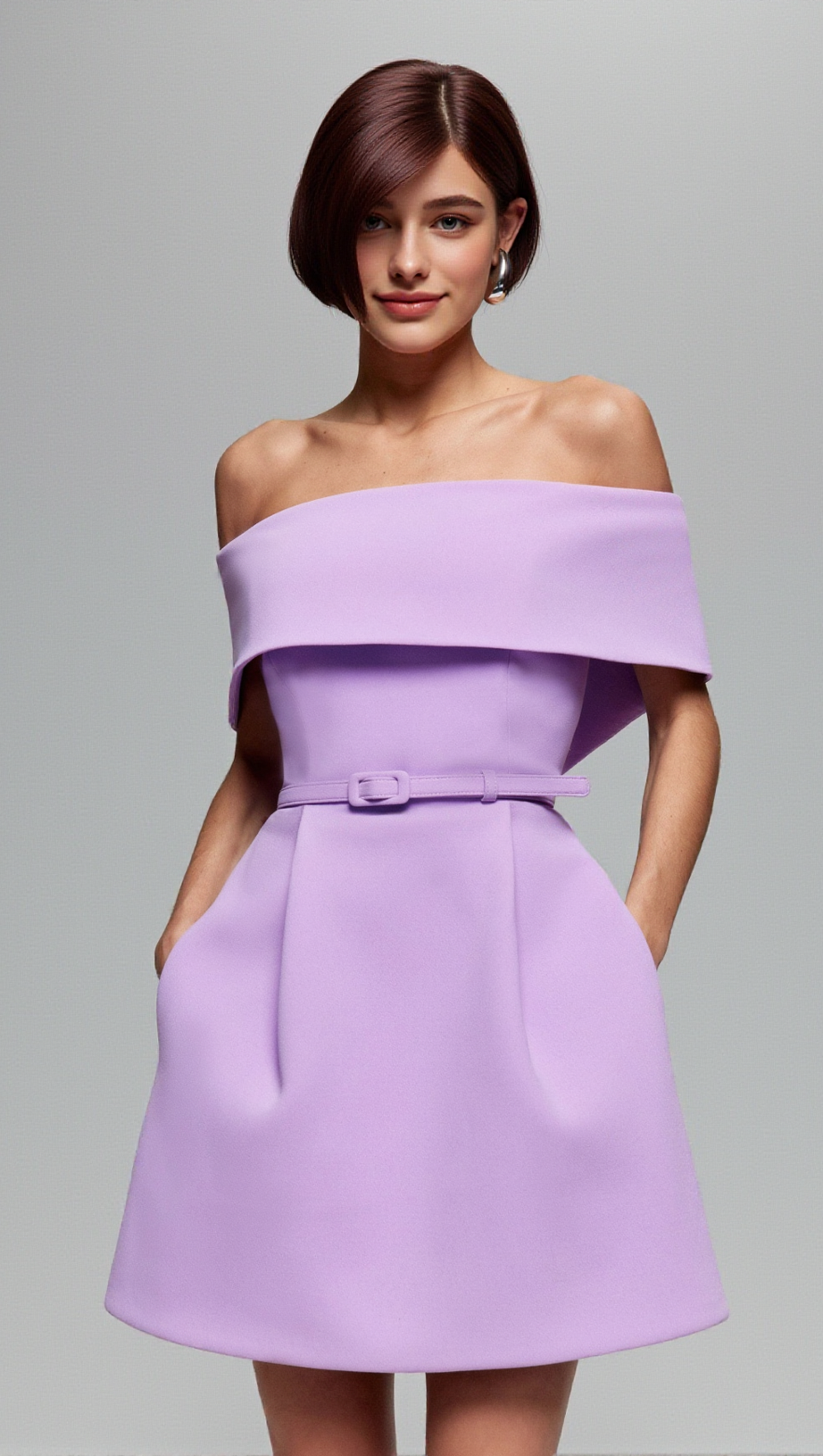 MINI ABITO A TRAPEZIO CON CINTURA E SPALLE SCOPERTE VIOLA