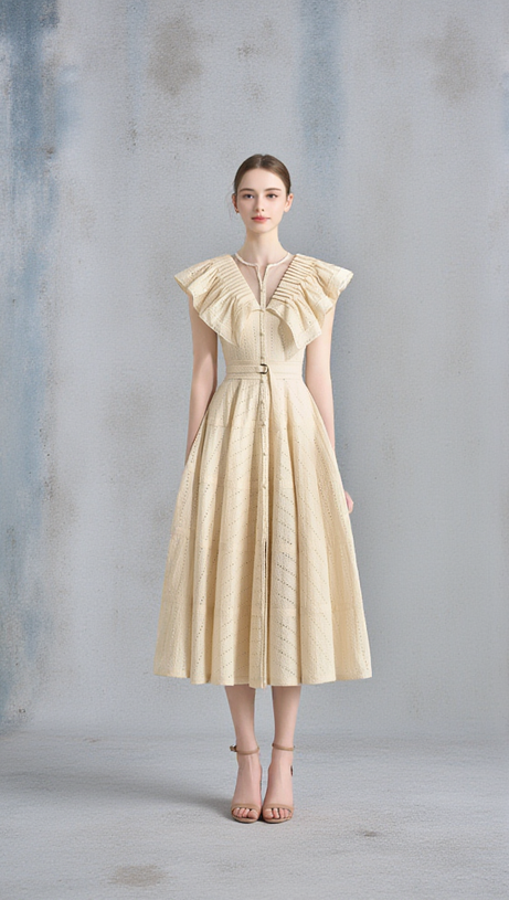 Sally – Gerüschtes Midikleid mit V-Ausschnitt in Aprikose