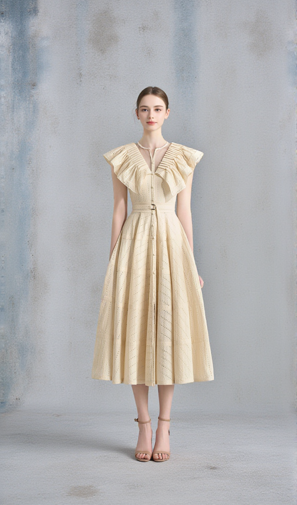 Sally – Gerüschtes Midikleid mit V-Ausschnitt in Aprikose