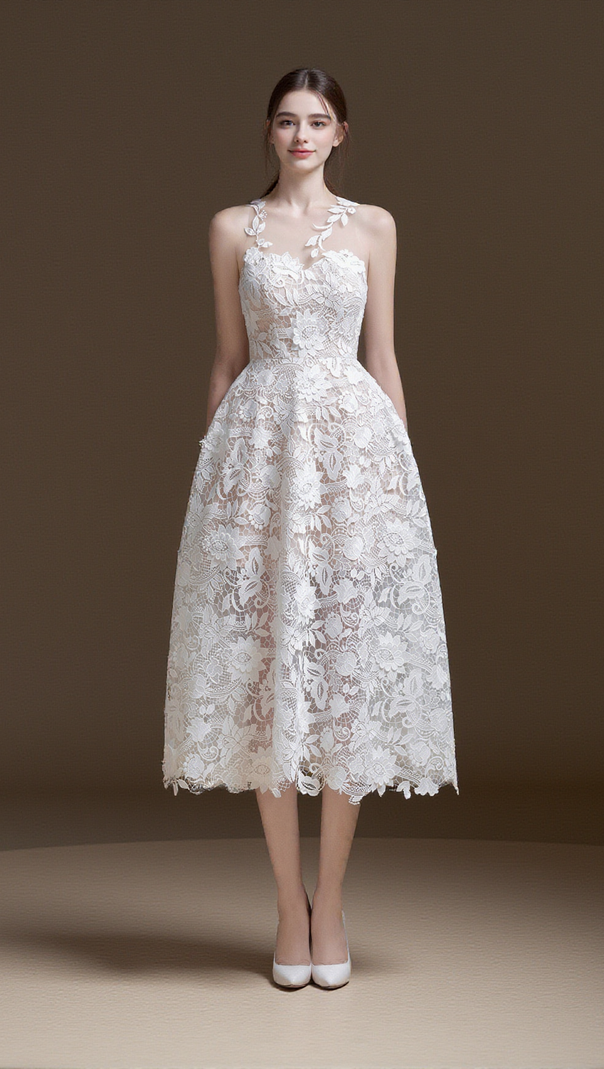 AIIZIE ERICA FLORAL LACE MIDI DRESS IN WHITE - product image
