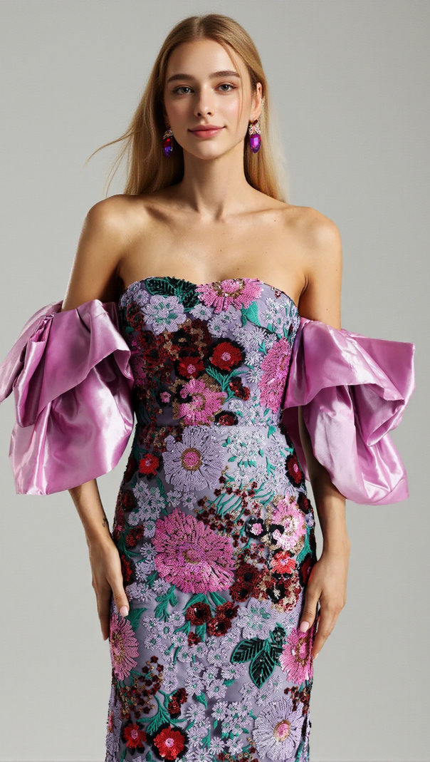 AIIZIE ANGELA MULTICOLOR FLOWER SEQUINS RUFFLED SHOULDER MIDI DRESS - product image
