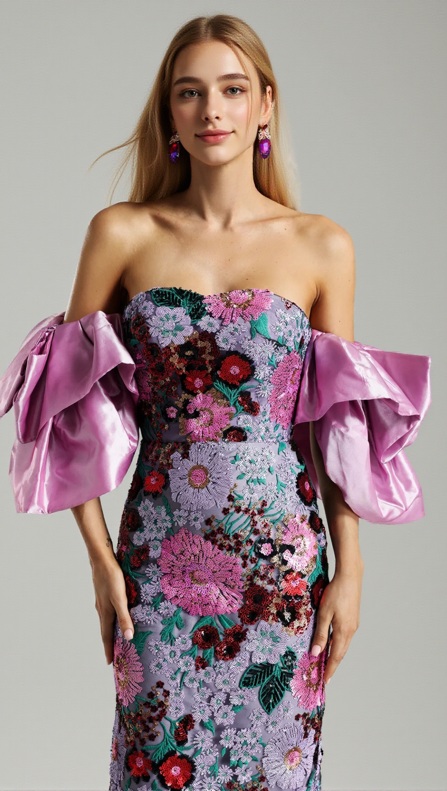 ANGELA MULTICOLOR FLOWER SEQUINS RUFFLED SHOULDER MIDI DRESS