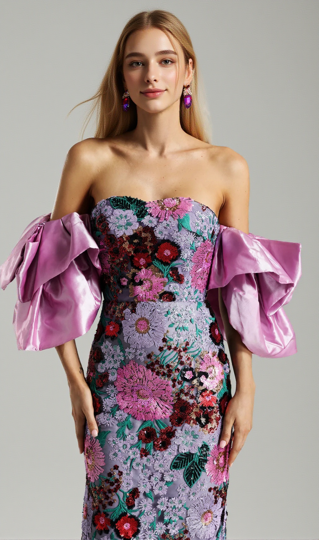 ANGELA MULTICOLOR FLOWER SEQUINS RUFFLED SHOULDER MIDI DRESS