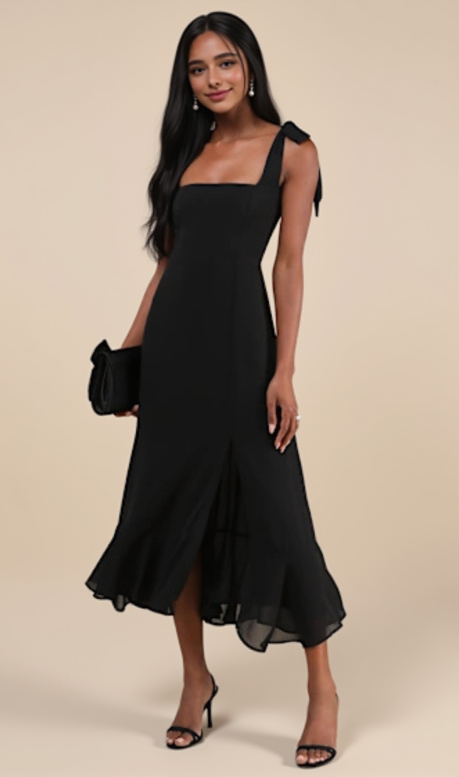 Summer Invite – Schwarzes, gestuftes Midikleid mit Bindebändern